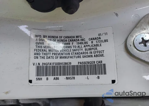 2011 Honda Civic Lx из США, поврежденный, VIN 2HGFA1F5XBH538639